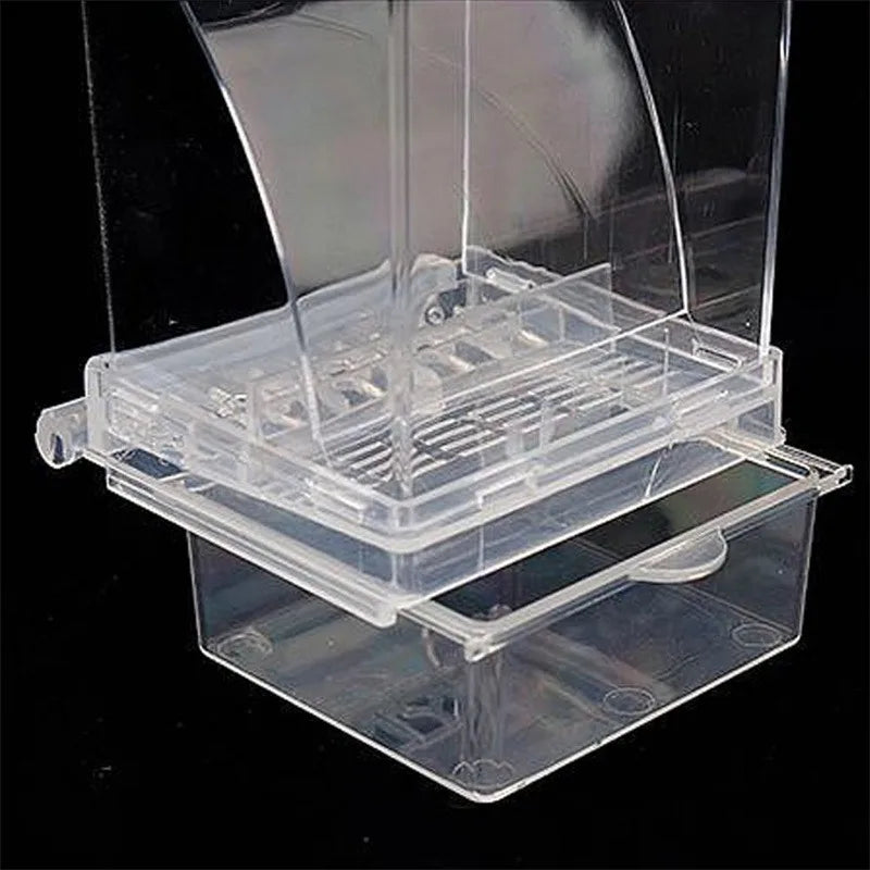 Zero-waste automatic feeder for parakeets and budgies, designed for no-mess feeding in a colorful, compact design.