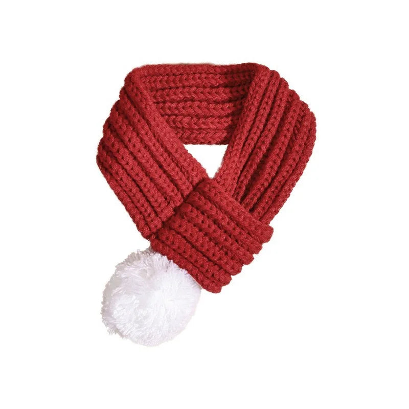 Red knitted scarf with pompom neck warmer for dogs and cats, featuring a cozy knit design by Petivo.
