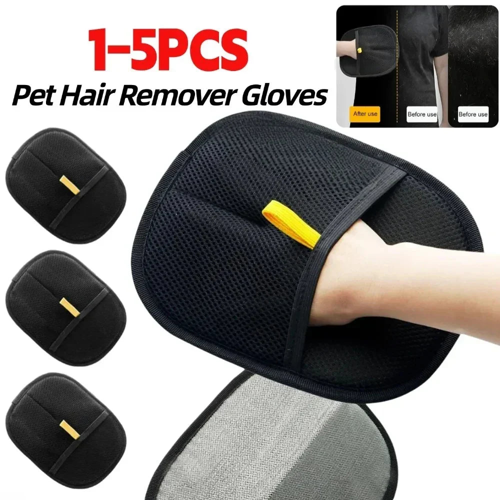 Black pet hair remover gloves for dogs and cats with yellow loop, shown in hand and close-up.