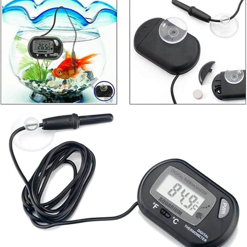 Aqua-Check Elite electronic water monitor with probe and suction cup for accurate fish tank temperature measurement in °C.