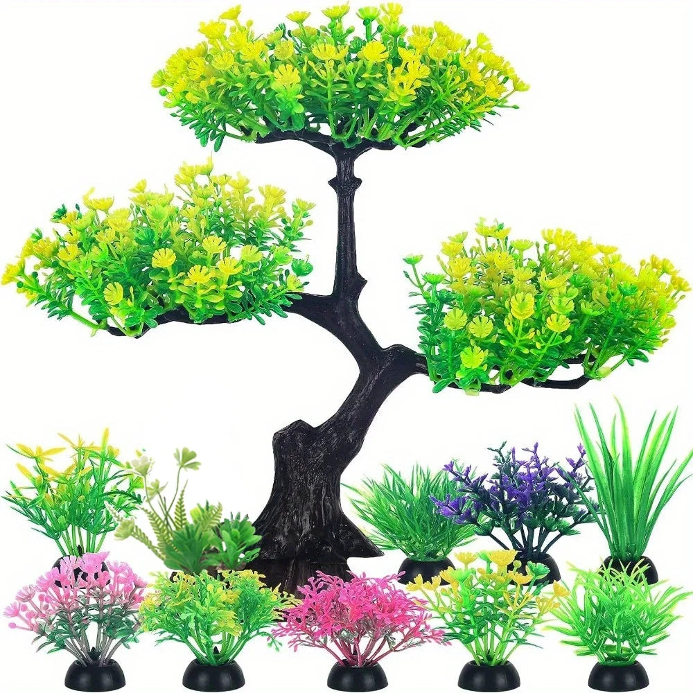 10-piece pet-safe artificial aquarium plant set by Petivo, featuring vibrant green foliage for goldfish habitats.