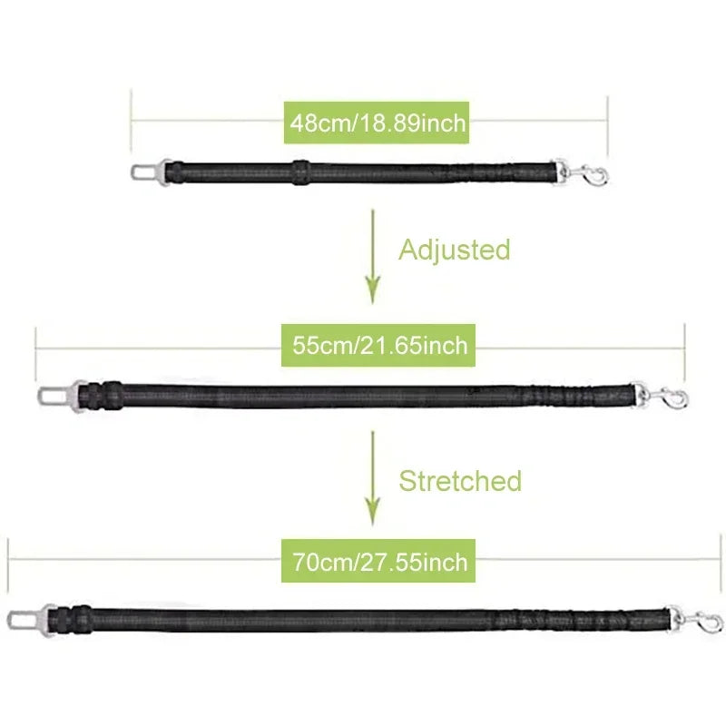 Adjustable SafePaws™ dog car seat belt in reflective elastic for safe travel, featuring a sturdy clip and sleek design.