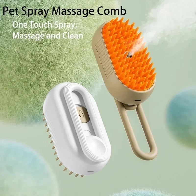 Dual color pet spray massage comb with one-touch cleaning function and soft silicone bristles