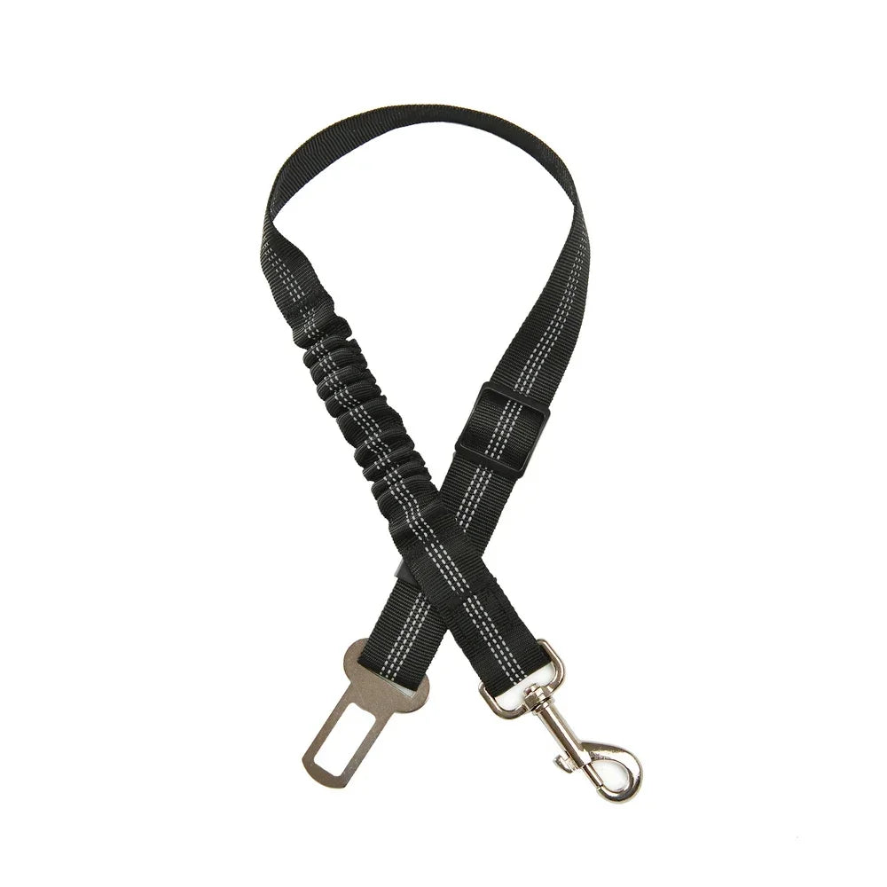 Adjustable SafePaws™ dog car seat belt in reflective elastic, designed for safe travel with pets.