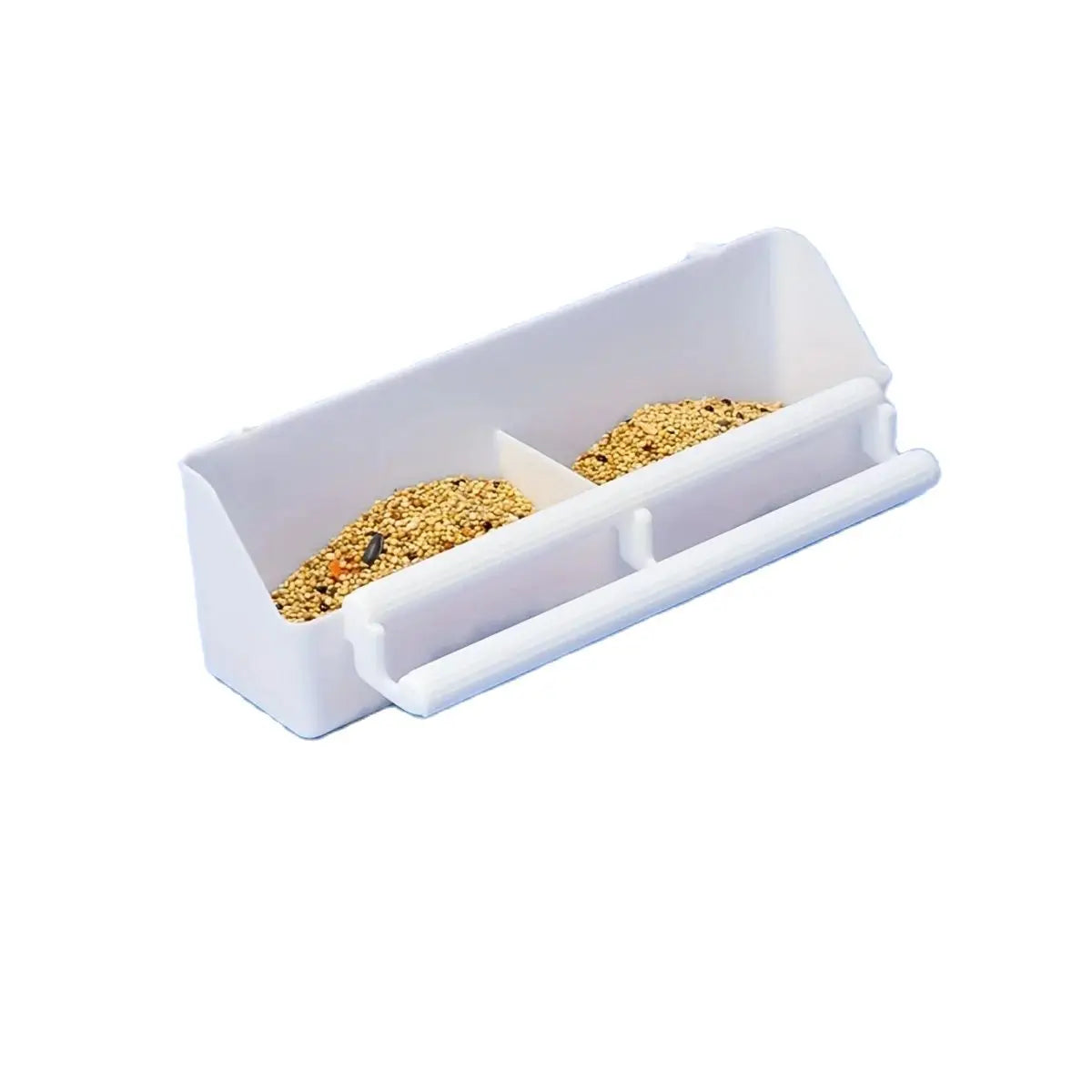 Double-compartment integrated parrot feeder by Petivo, featuring a twin-grid design for easy access and feeding.