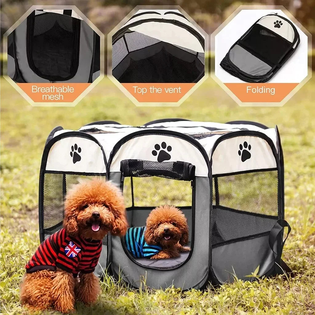 FurFort™ foldable pet tent and playpen for dogs and cats, showcasing portable design and spacious interior for pets.