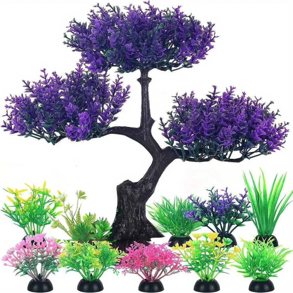 10-piece pet-safe aquarium plant set by Petivo, featuring vibrant artificial plants for goldfish decoration.