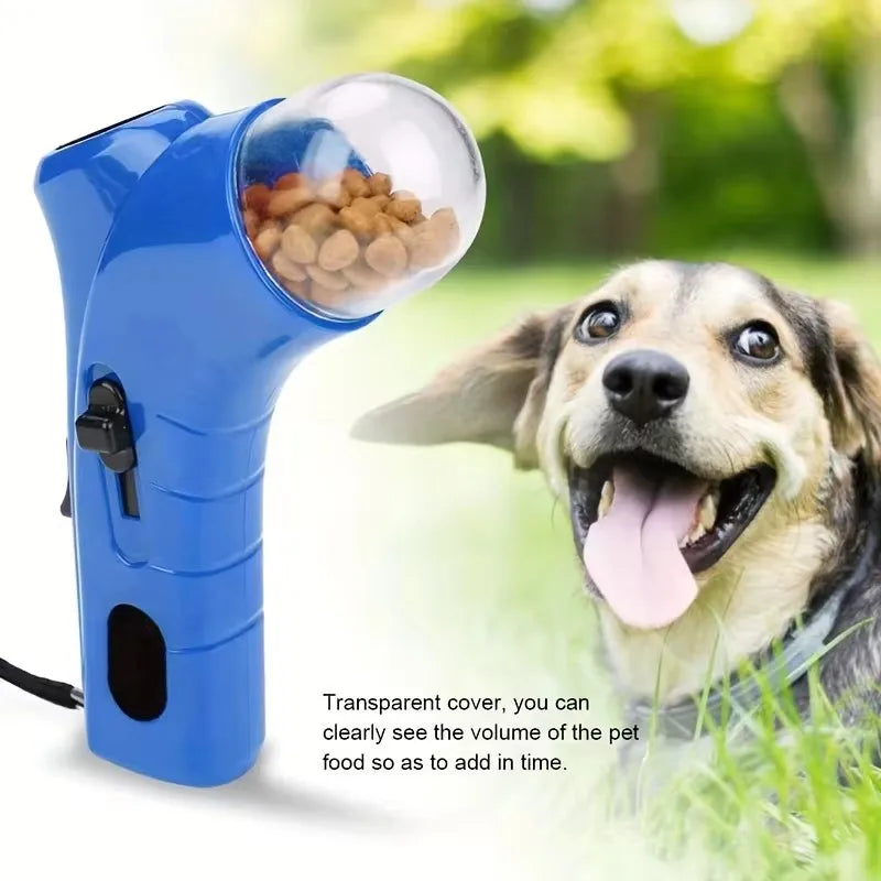 FetchFire™ Portable Treat Shooter in use, lightweight, spring-loaded design for hands-free pet training with treats.
