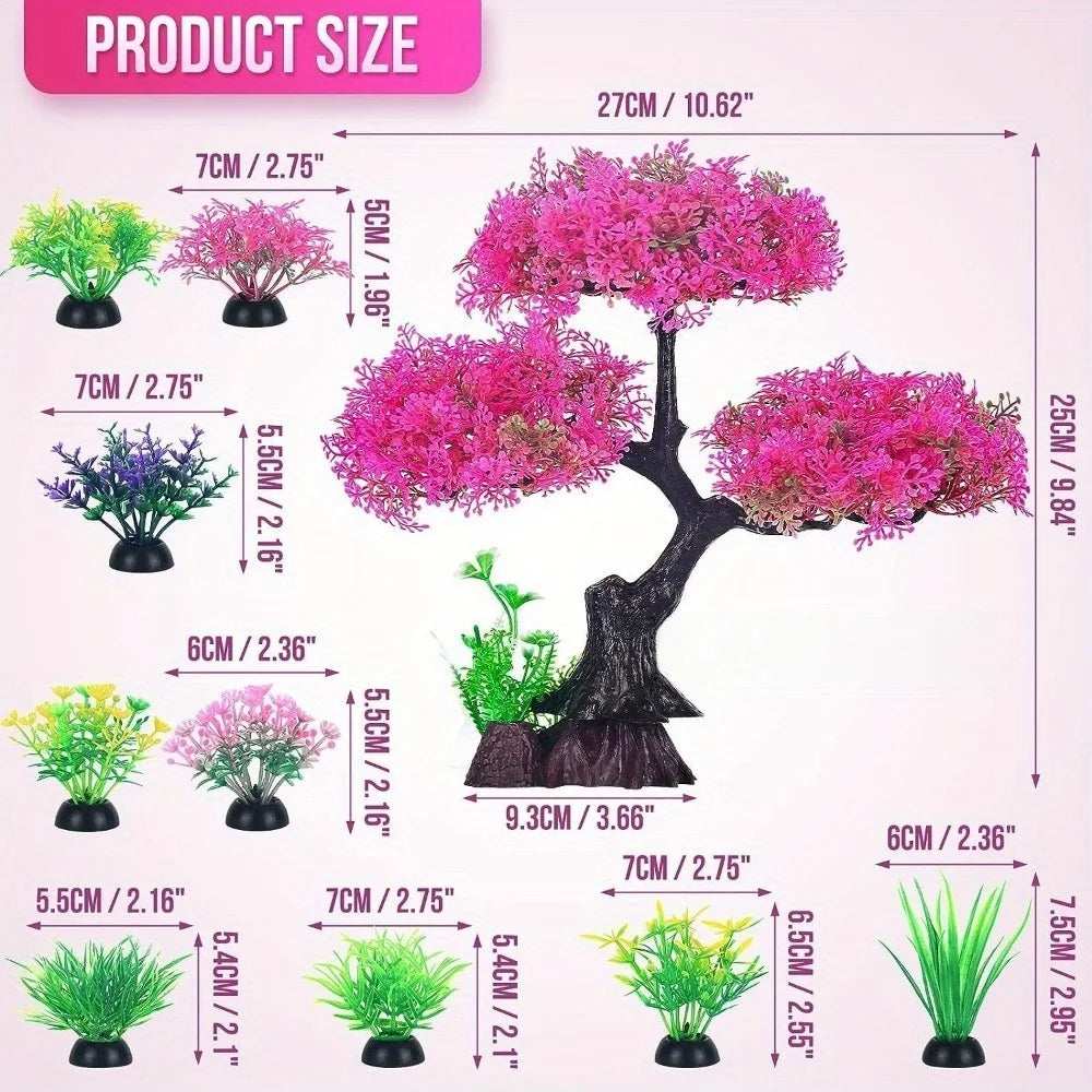 10-piece Petivo Gentle Greens Collection of pet-safe artificial aquarium plants for goldfish decoration.