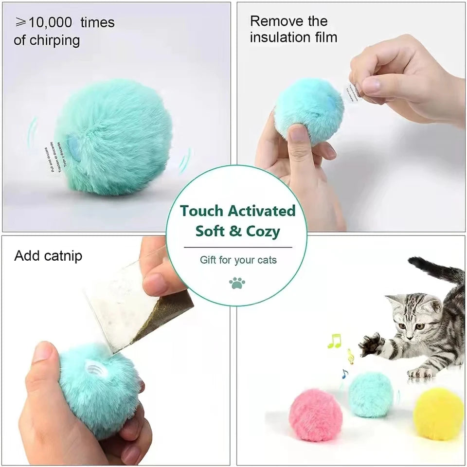 PurrBounce™ Smart Interactive Cat Ball in plush design, featuring electric squeak and catnip for playful cats.