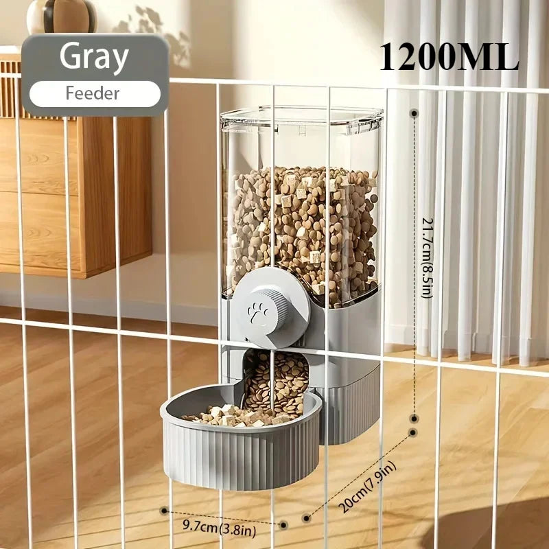 GravityFlow™ hanging cage feeder with automatic waterer and food bowl for dogs, cats, and rabbits in a crate setting.
