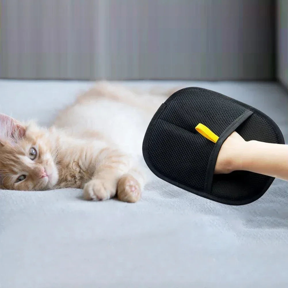Person grooming orange kitten with black pet grooming glove on soft bed