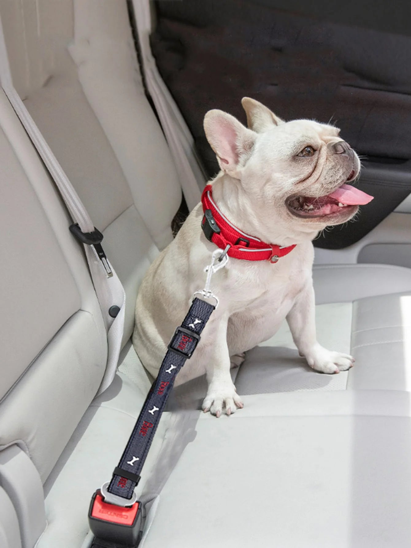 Adjustable denim dog car seat belt with metal buckle for all sizes of retractable pet safety harnesses by Petivo.