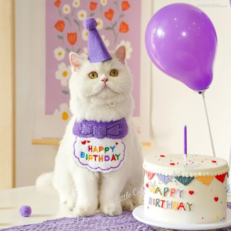 GlamPet™ cat birthday hat and bib set with adjustable bandana, perfect for pet birthday celebrations.