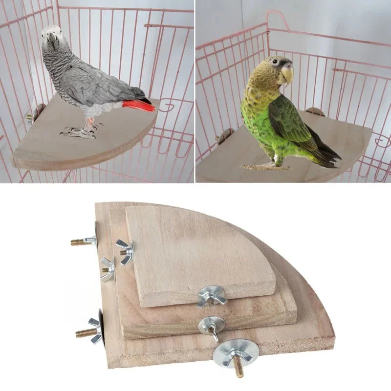 Natural wood corner terrace for birds, chinchillas, and hamsters, featuring a fan-shaped design and eco-friendly materials.