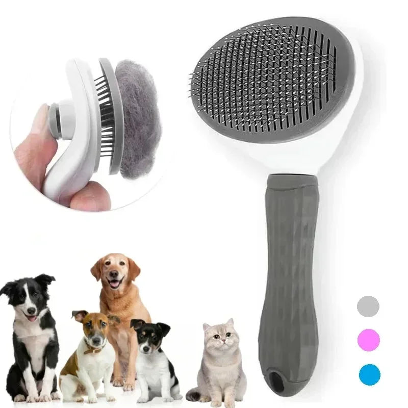 Self-cleaning pet grooming brush with gray handle for dogs and cats, shown with collected fur