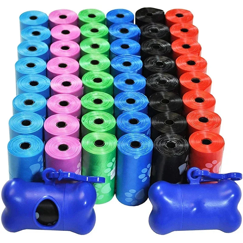 Colorful dog waste bag rolls with bone-shaped dispensers for pet cleanup