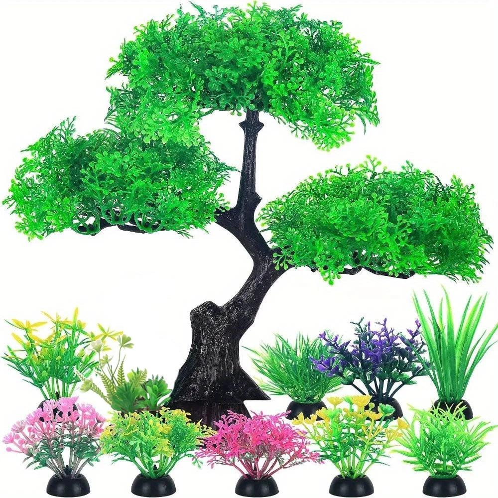 10-piece artificial plastic plant set for aquariums, featuring pet-safe decorations for goldfish habitats by Petivo.