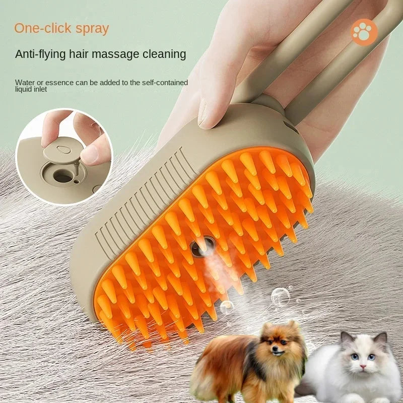 Pet grooming brush with spray feature massaging fur, suitable for dogs and cats.
