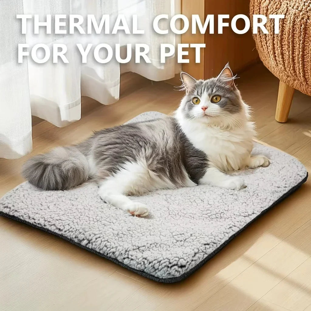 Fluffy gray and white cat relaxing on a soft thermal pet bed by a sunny window