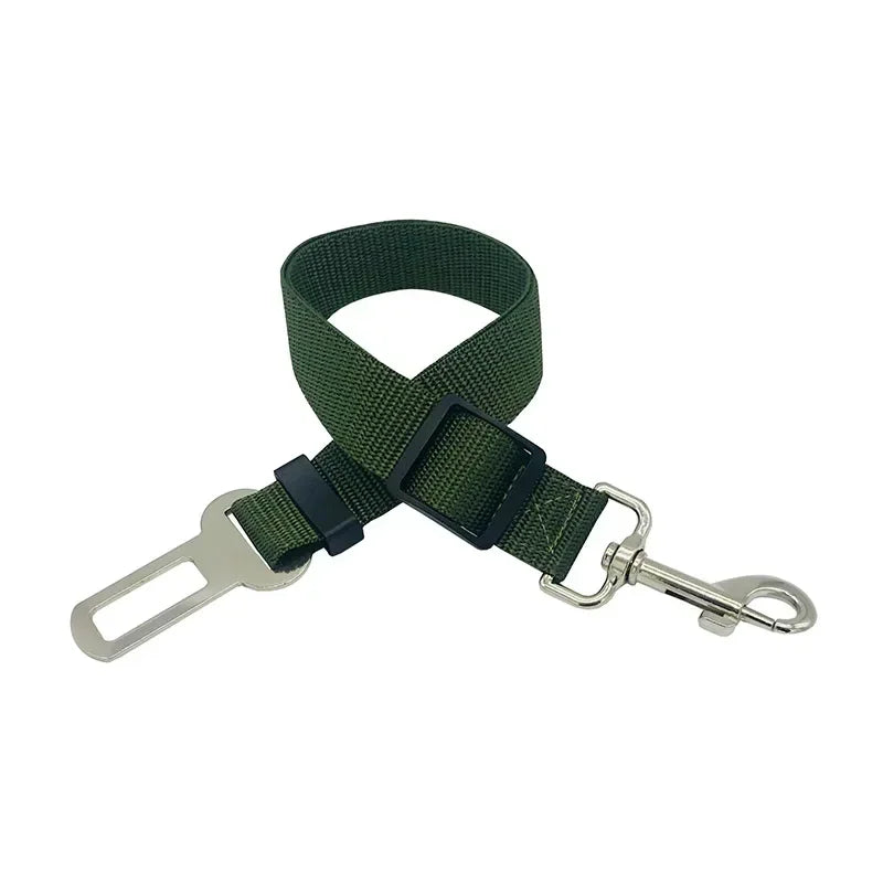 Adjustable green pet seat belt with metal clip and buckle for dog car safety