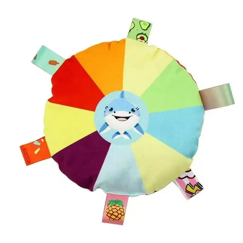 SqueakDisc™ cartoon plush dog toy, featuring a bell sound and vibrant colors, perfect for chewing and playful interaction.