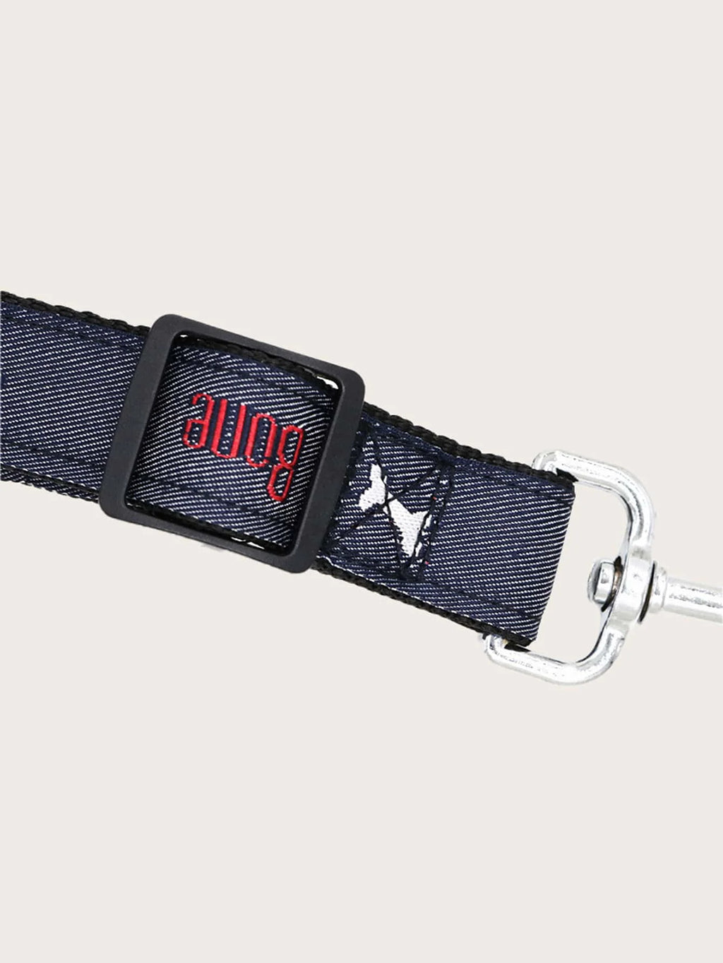 Adjustable denim dog car seat belt with metal buckle, designed for all sizes of pet safety harnesses by Petivo.