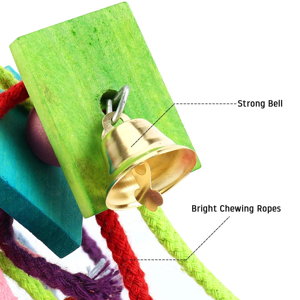 VitaBlock™ calcium mineral grinding wood chew toy with bell for parakeets and cockatiels, promoting healthy beak care.