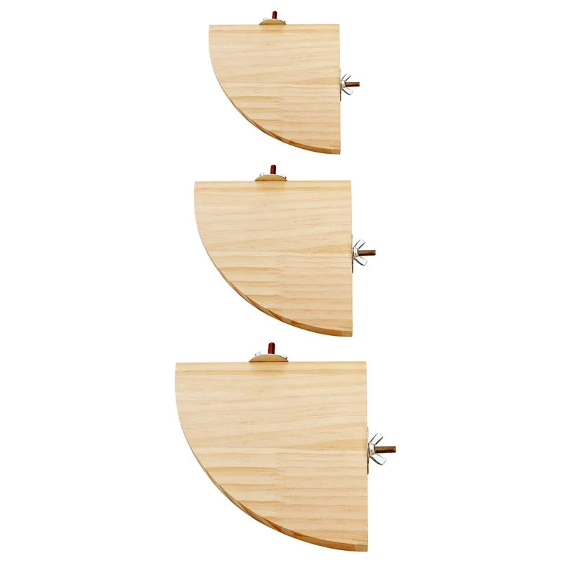 Natural wood corner terrace for birds and small pets, eco-friendly fan-shaped platform by Petivo. Solid wood design.