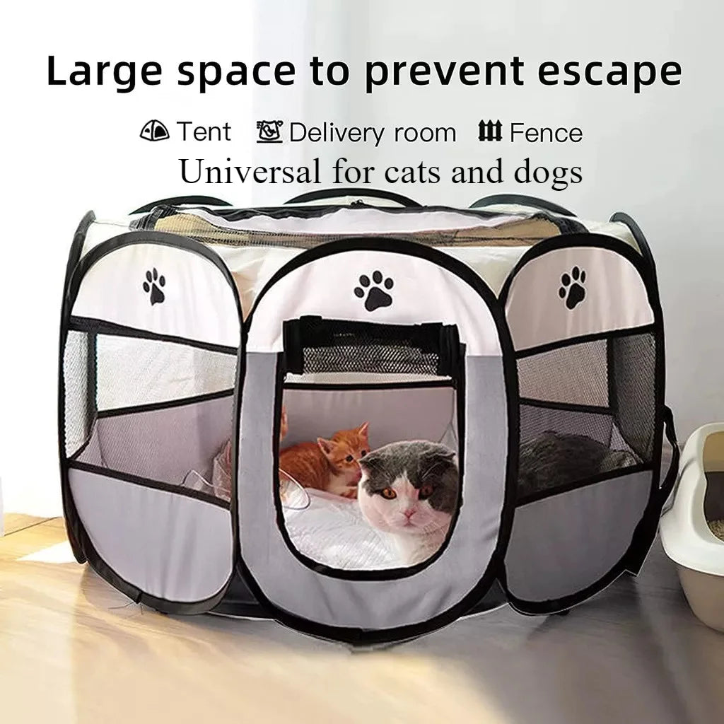 FurFort™ foldable pet tent and playpen for dogs and cats, showing portable travel shelter with mesh sides and sturdy frame.