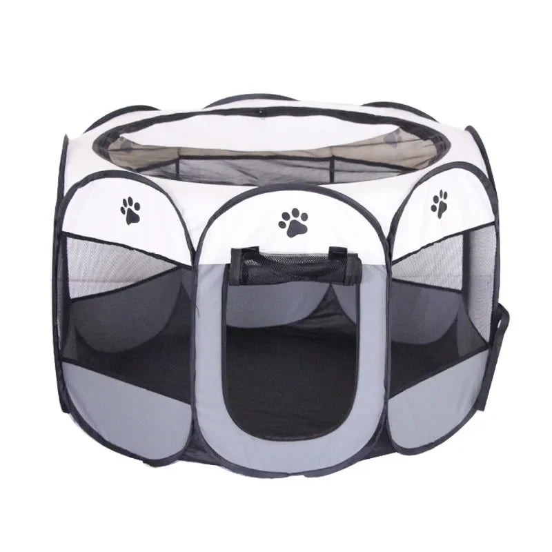 FurFort™ Foldable Pet Tent & Playpen set up outdoors with a dog lounging inside, showcasing its portable design.