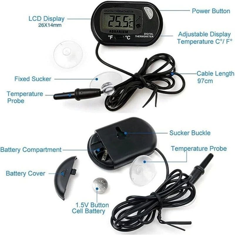 Aqua-Check Elite electronic water monitor with probe and suction cup for precise fish tank temperature measurement.