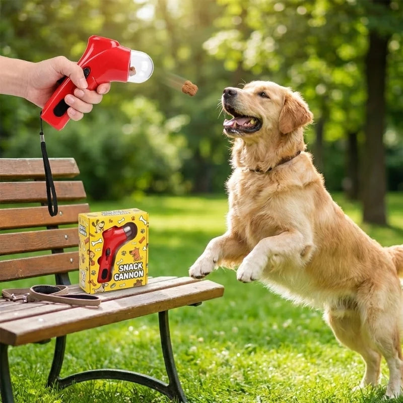 FetchFire™ Portable Treat Shooter in action, lightweight design for hands-free pet training with spring-loaded mechanism.