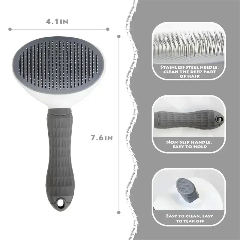 Gray pet grooming brush with stainless steel needles, ergonomic non-slip handle, and size details.