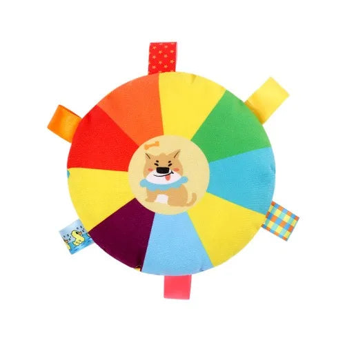 Cartoon plush SqueakDisc™ dog toy with bell sound, designed for chewing and playful fun by Petivo.
