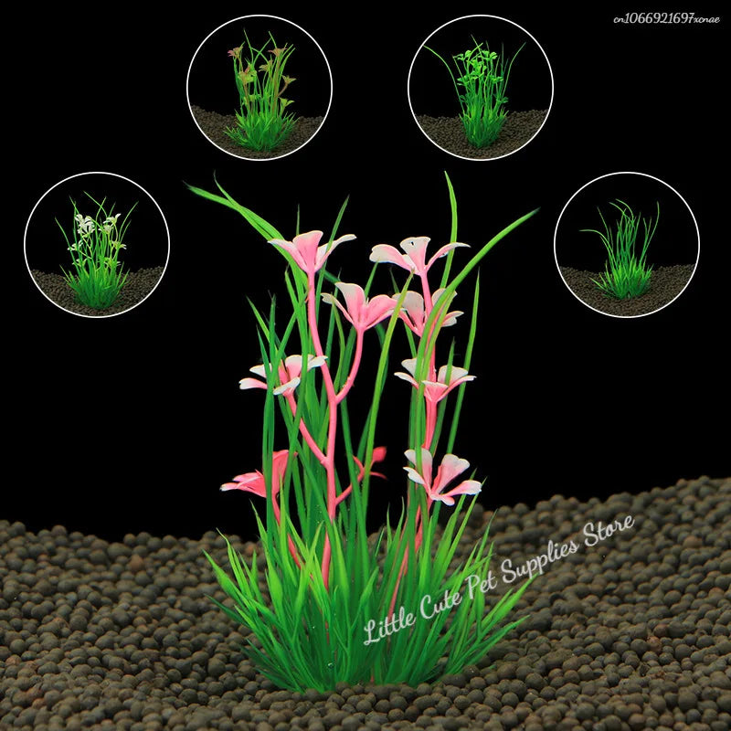 Artificial aquatic plants set for fish tanks, 13cm high, featuring vibrant green foliage for aquarium decoration.