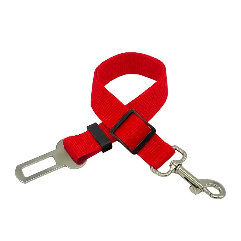 Red adjustable pet seat belt leash with metal buckle and clip for car travel safety