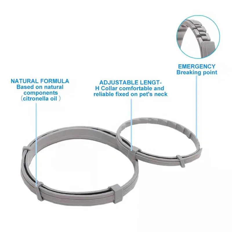 Adjustable FleaGuard™ anti-flea and tick collar for pets, showcasing its design and secure fit for 8-month protection.
