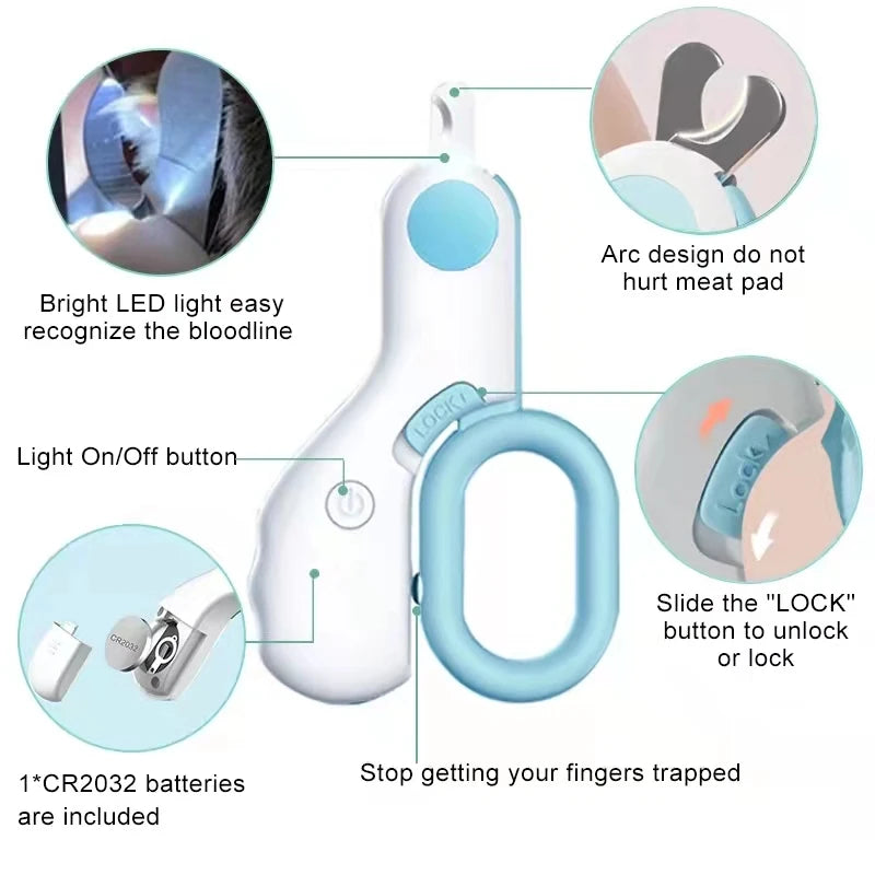 GlowTrim™ LED pet nail clipper with bright light, designed for safe and precise grooming of dogs and cats.