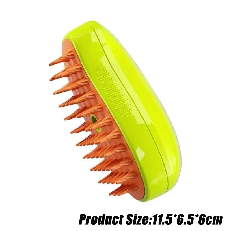 Yellow and orange pet grooming brush with soft silicone bristles, 11.5x6.5x6cm size