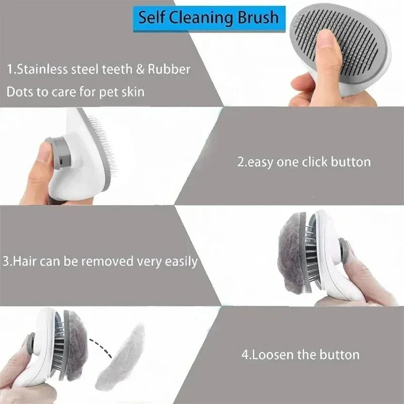 Self-cleaning pet grooming brush with stainless steel teeth, easy one-click hair removal.