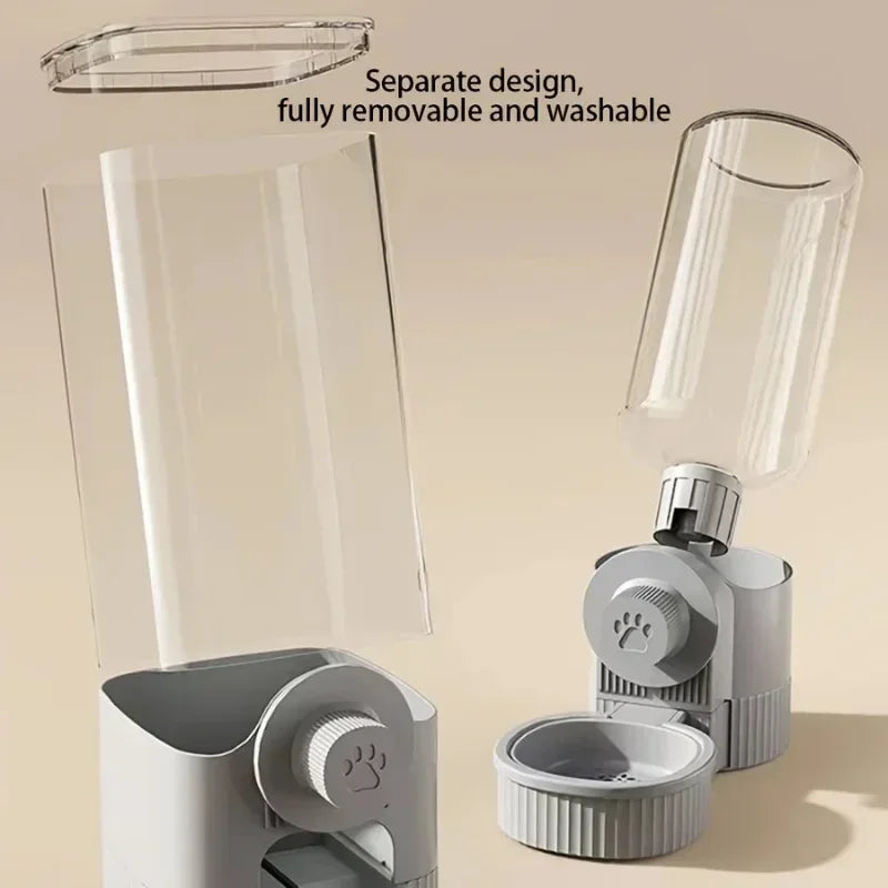 GravityFlow™ Hanging Cage Feeder with automatic waterer and food bowl for dogs, cats, and rabbits in a crate setting.