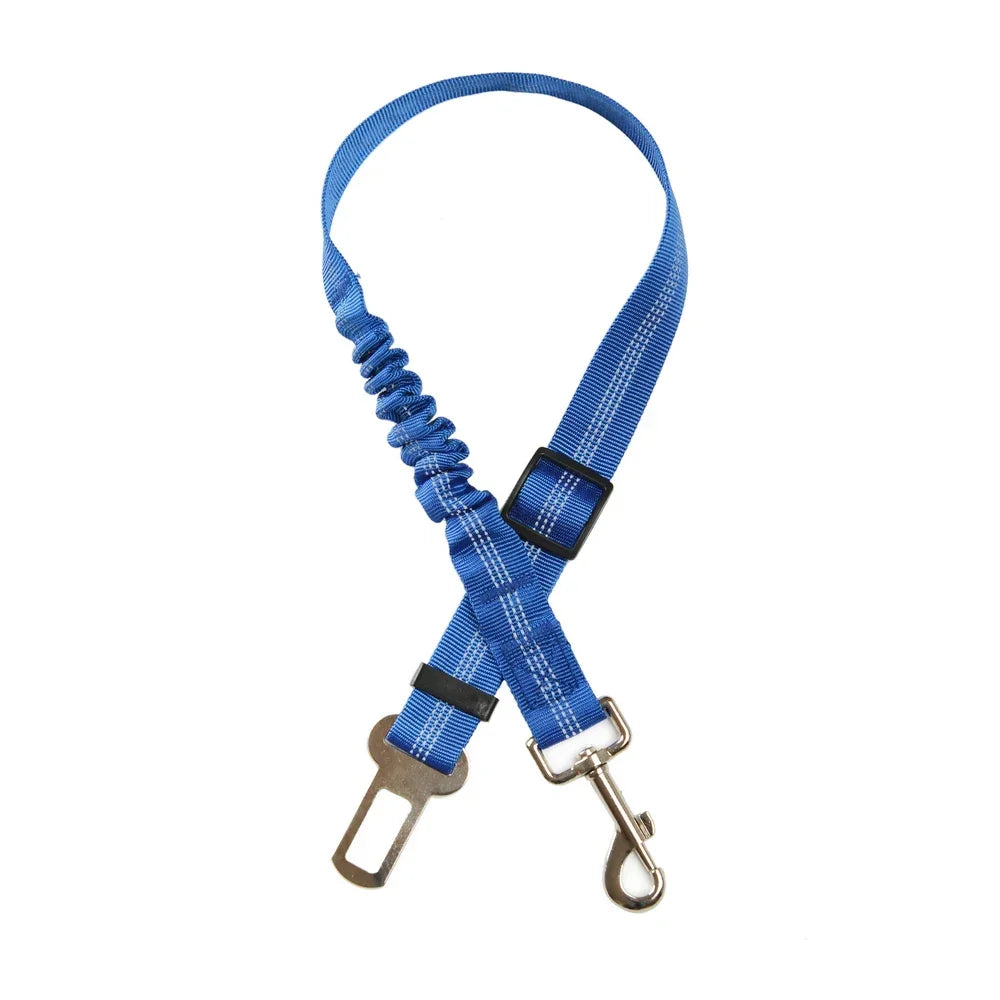 Adjustable SafePaws™ dog car seat belt in reflective elastic material, designed for safe travel with pets.