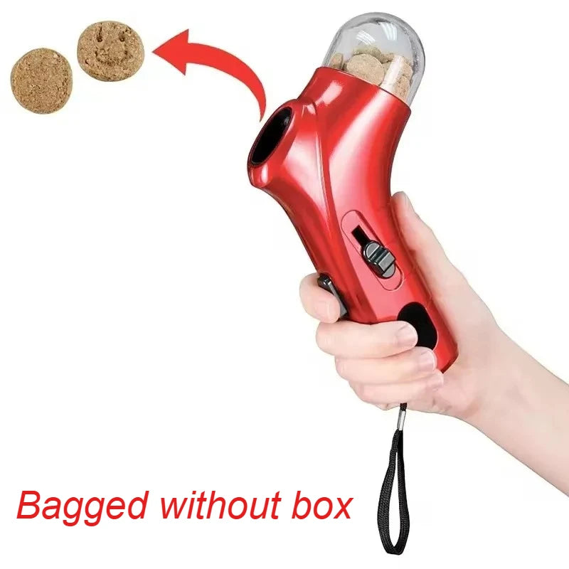 FetchFire™ Portable Treat Shooter for pets, lightweight and spring-loaded, designed for hands-free training with all breed sizes.
