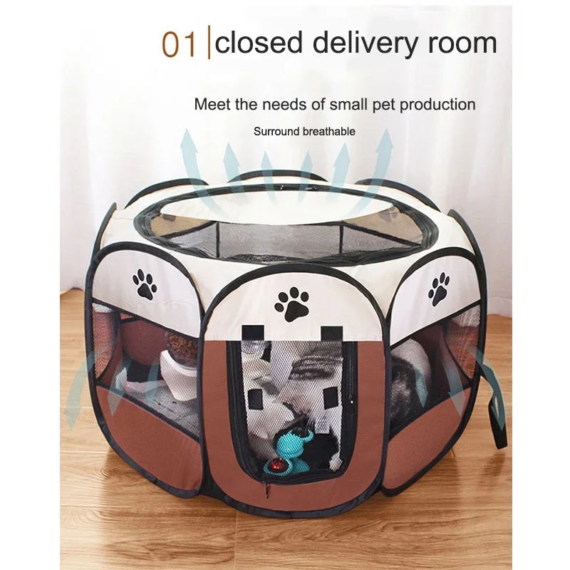 FurFort™ foldable pet tent and playpen for dogs and cats, showcasing portable travel shelter design in a spacious setup.