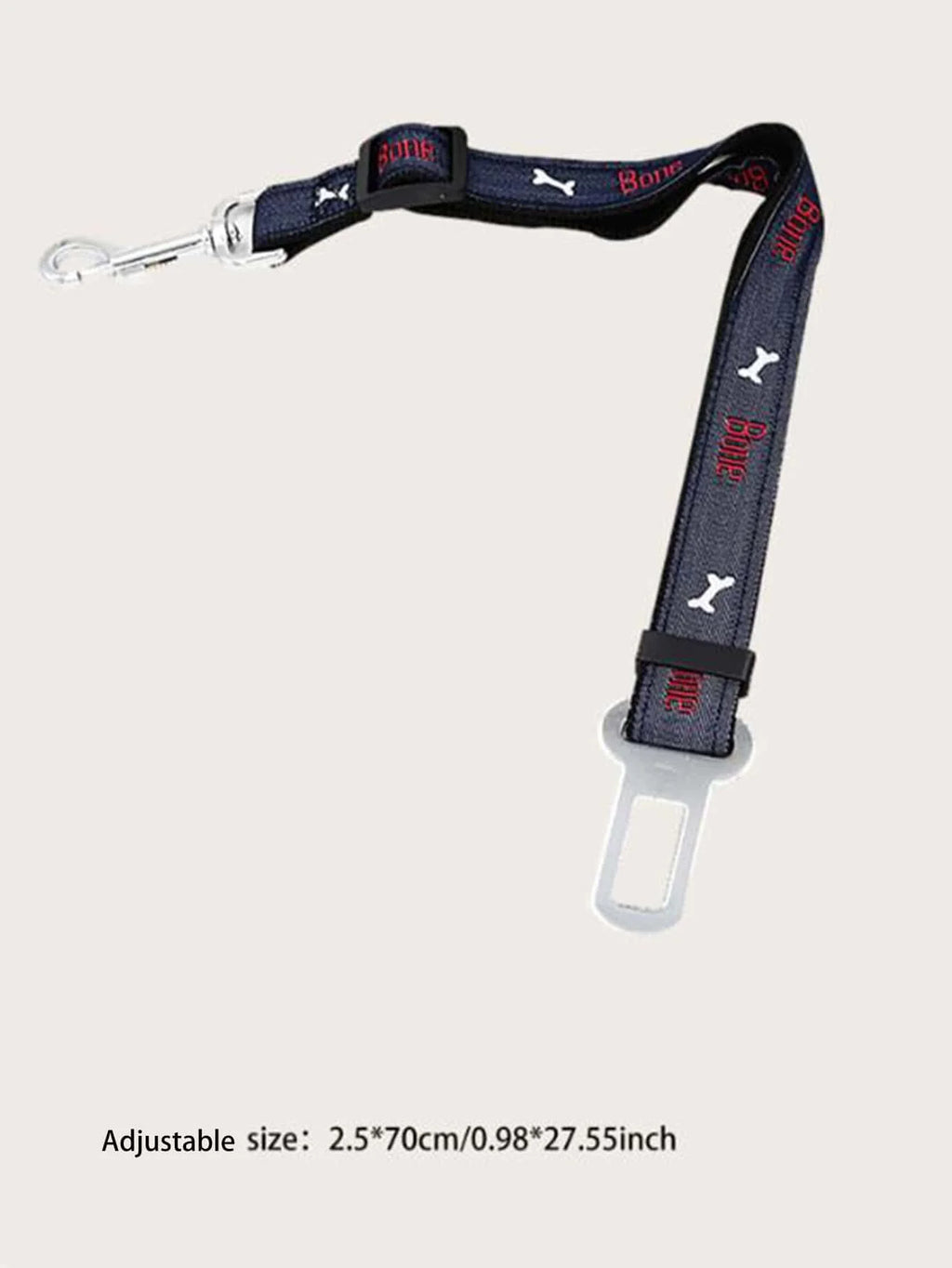 Adjustable denim dog car seat belt with metal buckle, suitable for all sizes of pet safety harnesses by Petivo.