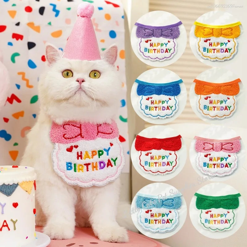 GlamPet™ cat birthday party hat and bib set with adjustable bandana for festive pet dress-up and celebration.