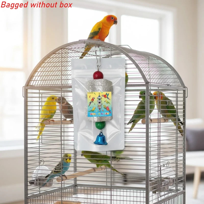 VitaBlock™ calcium mineral grinding stone for birds, featuring a beak conditioner and playful bell for small pets.