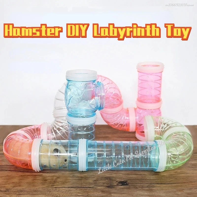 Transparent DIY racing runway for hamsters by Petivo, showcasing a 360° design with vibrant track details and habitats.