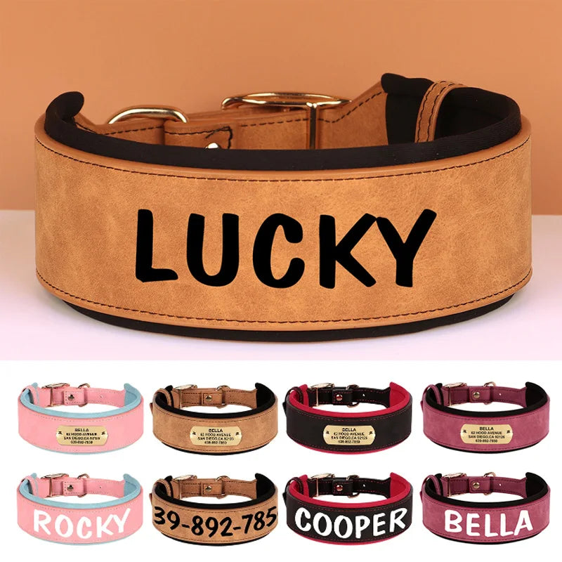 LuxePaws™ Custom Dog Collar – Wide PU Leather Personalized Collar with Name Tag for All Dog Sizes